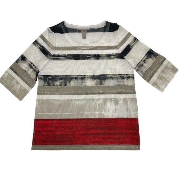 Chico’s Y2K Mesh Top Scoop Neck 3/4 Sleeve Abstract Colorblock Print Sz 2 / US L - Picture 9 of 15